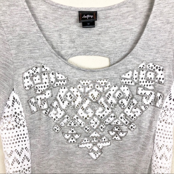 Daytrip Grey White T-Shirt Blouse Rhinestone Lace - Picture 3 of 6